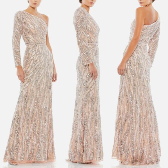 MAC DUGGAL 4982 EMBELLISHED ONE SLEEVE W/ SEQUIN BELT ROSE GOLD GOWN  sz 6 - Picture 4 of 4